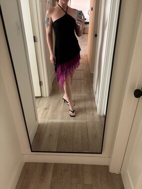 Vintage Asymmetrical Black Dress with Magenta Ruffle Hem